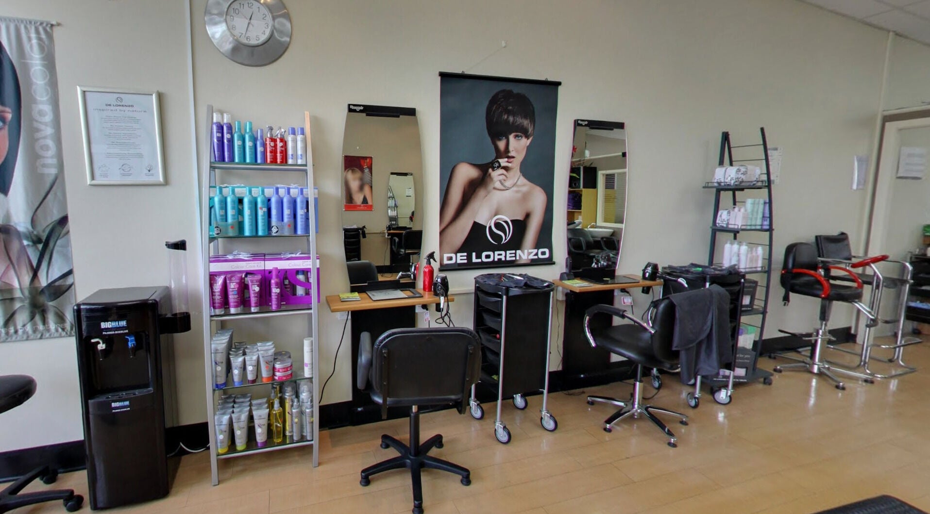 Modern salon chairs and beauty products display at Styleworks salon, Auckland, Auckland, NZ.