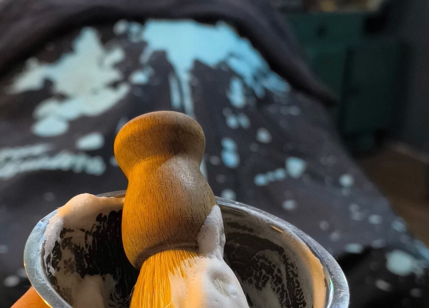 Brocha de afeitar con espuma en Barberia Dandy, Cañada De Gomez, Santa Fe, AR.