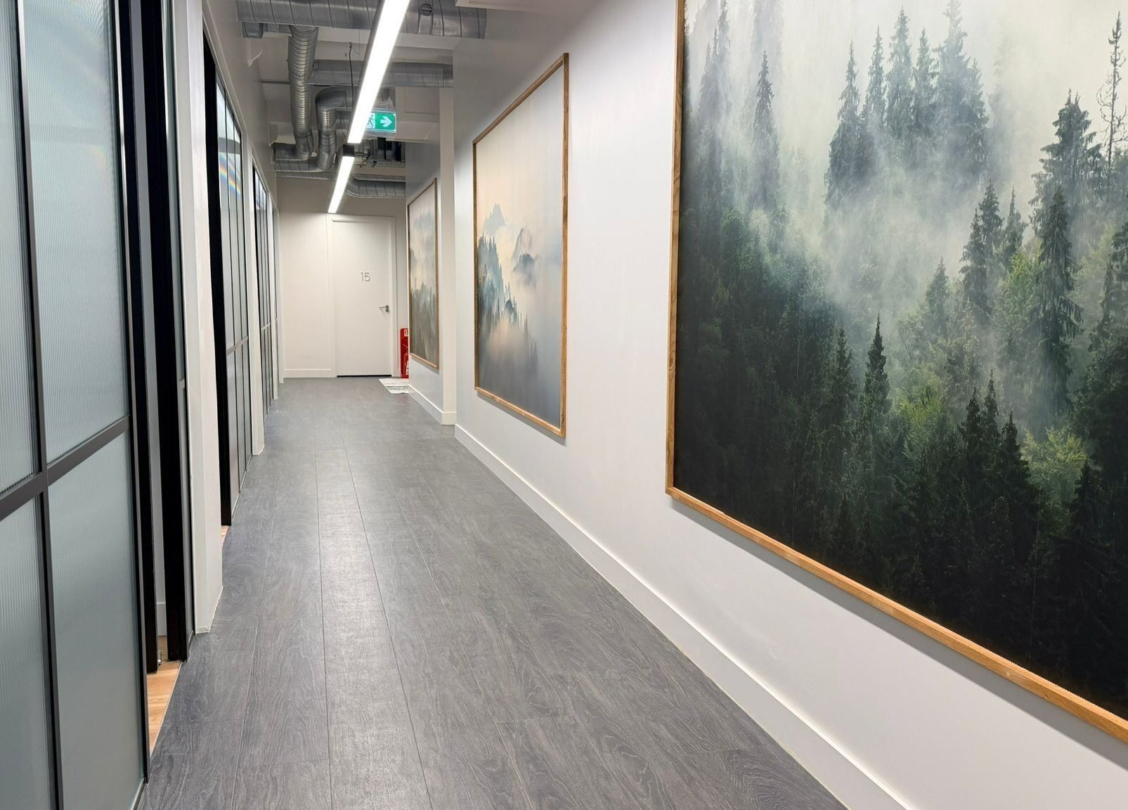 Modern hallway with forest artwork at Maen (Men) Old Street, London, England, GB.