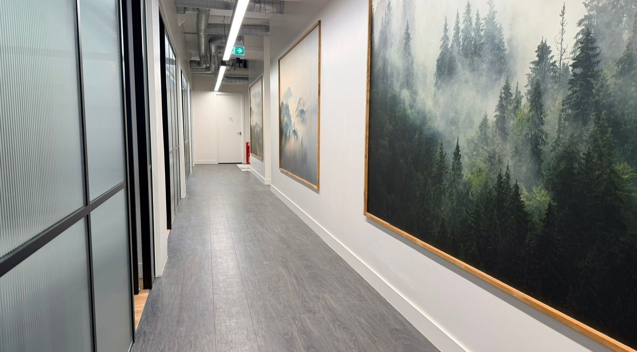 Modern hallway with forest artwork at Maen (Men) Old Street, London, England, GB.