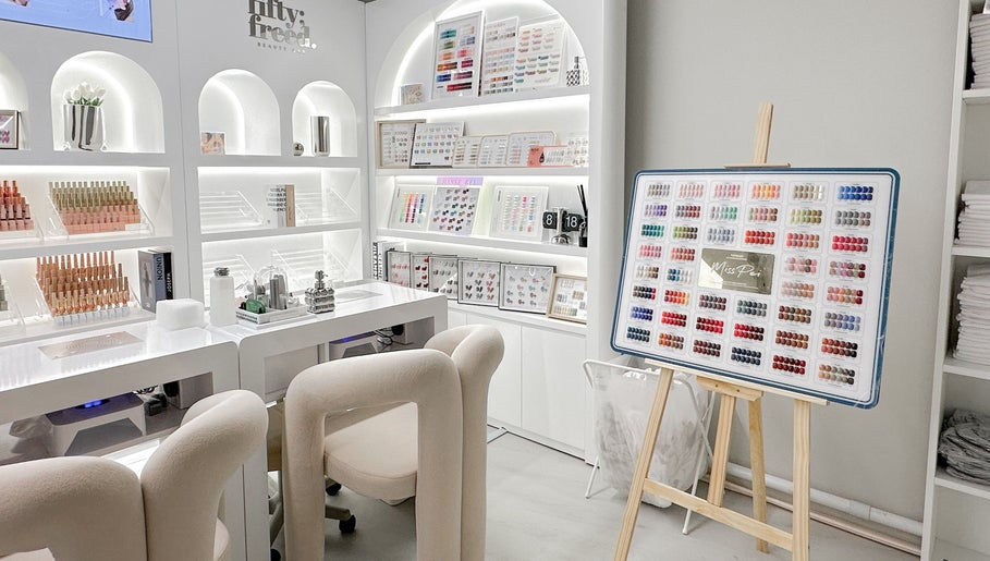 Chic nail salon at @fiftyfreed.sg - Kovan, featuring neat shelves with nail products in Singapore, Singapore, SG.