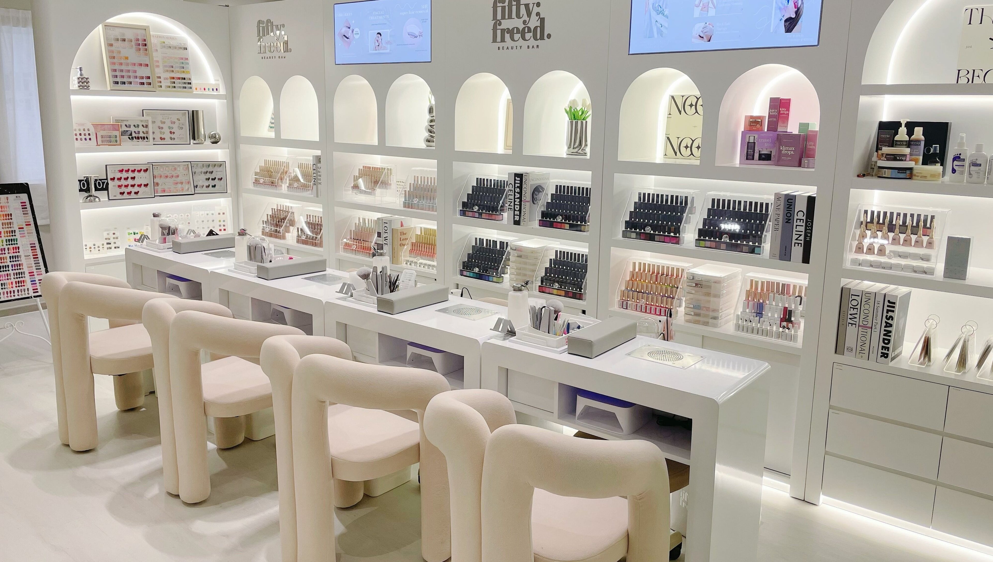 Modern beauty station at @fiftyfreed.sg - Choa Chu Kang, Singapore, Singapore, SG showcasing nail care products.