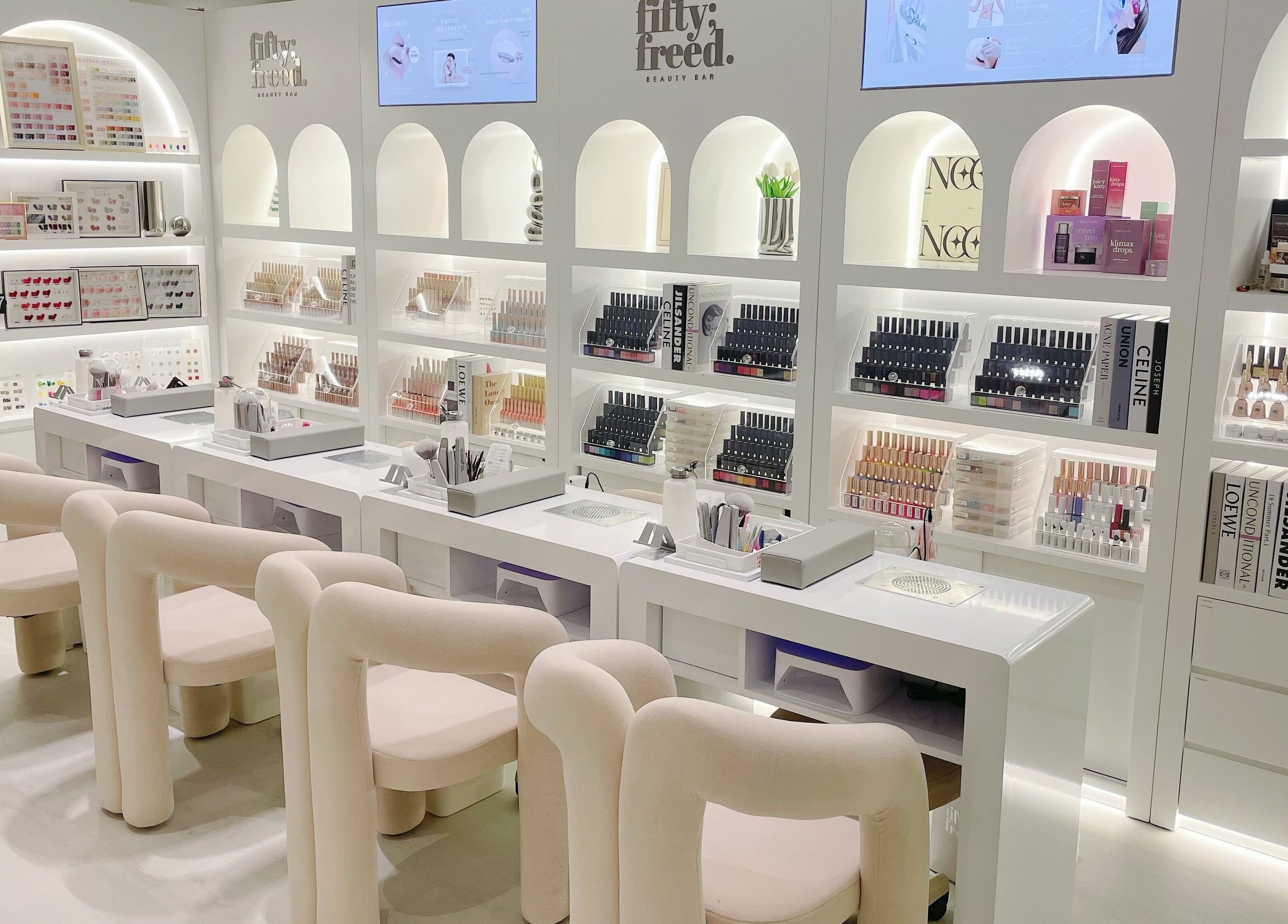 Modern beauty station at @fiftyfreed.sg - Choa Chu Kang, Singapore, Singapore, SG showcasing nail care products.