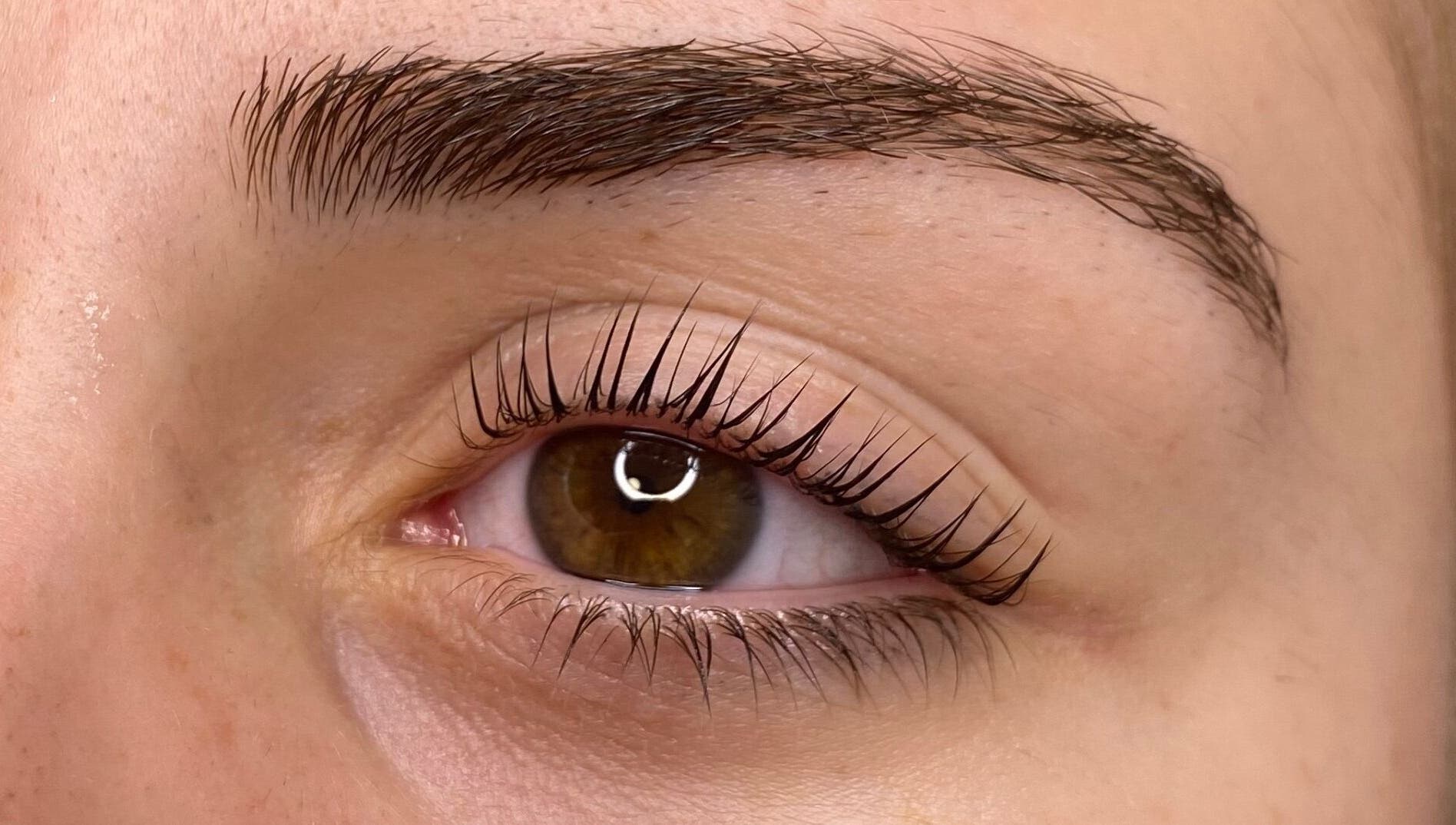 Detailed view of a perfectly groomed eyebrow and eyelash at Poise Studio, Ramsbottom, England, GB.