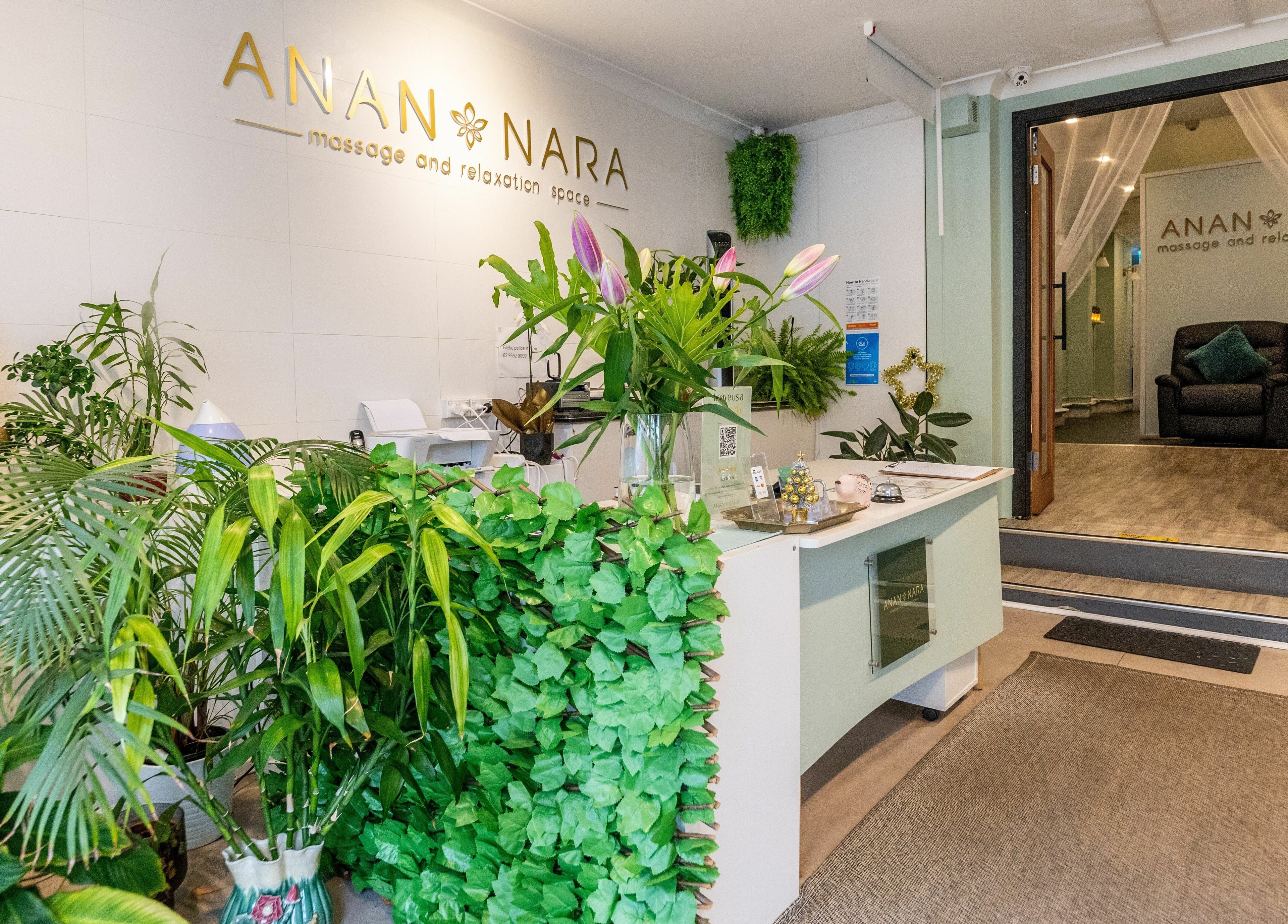 Welcome area of Anan Nara Massage and Relaxation Space, Glebe, New South Wales, AU with lush plants and decor.