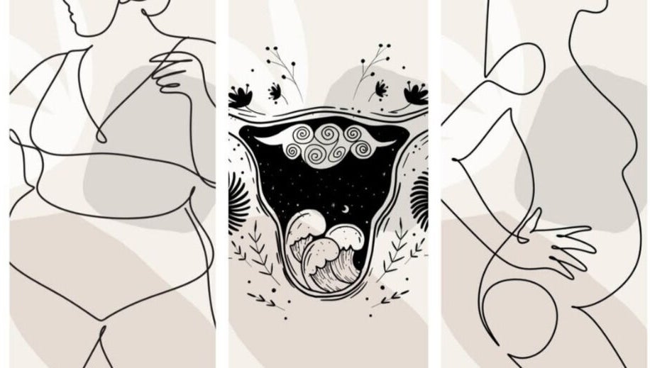 Abstract line art of women and nature at Waxing by Amy, Pontypool, Wales, GB.