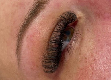 Close-up of a client's eye with lash extensions from Lashes by x AA in Alton, England, GB.