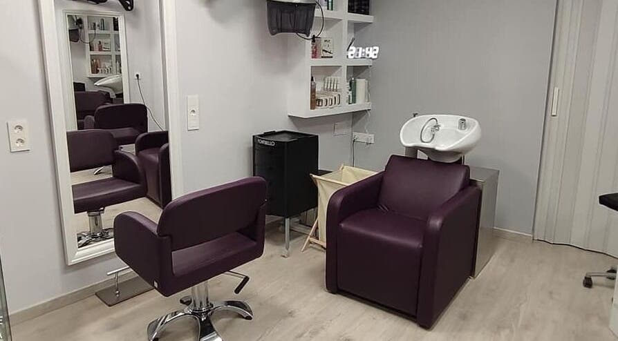 Interior del salón La Paixarela en Zaragoza, Aragón, ES con sillas moradas y lavacabezas moderno.