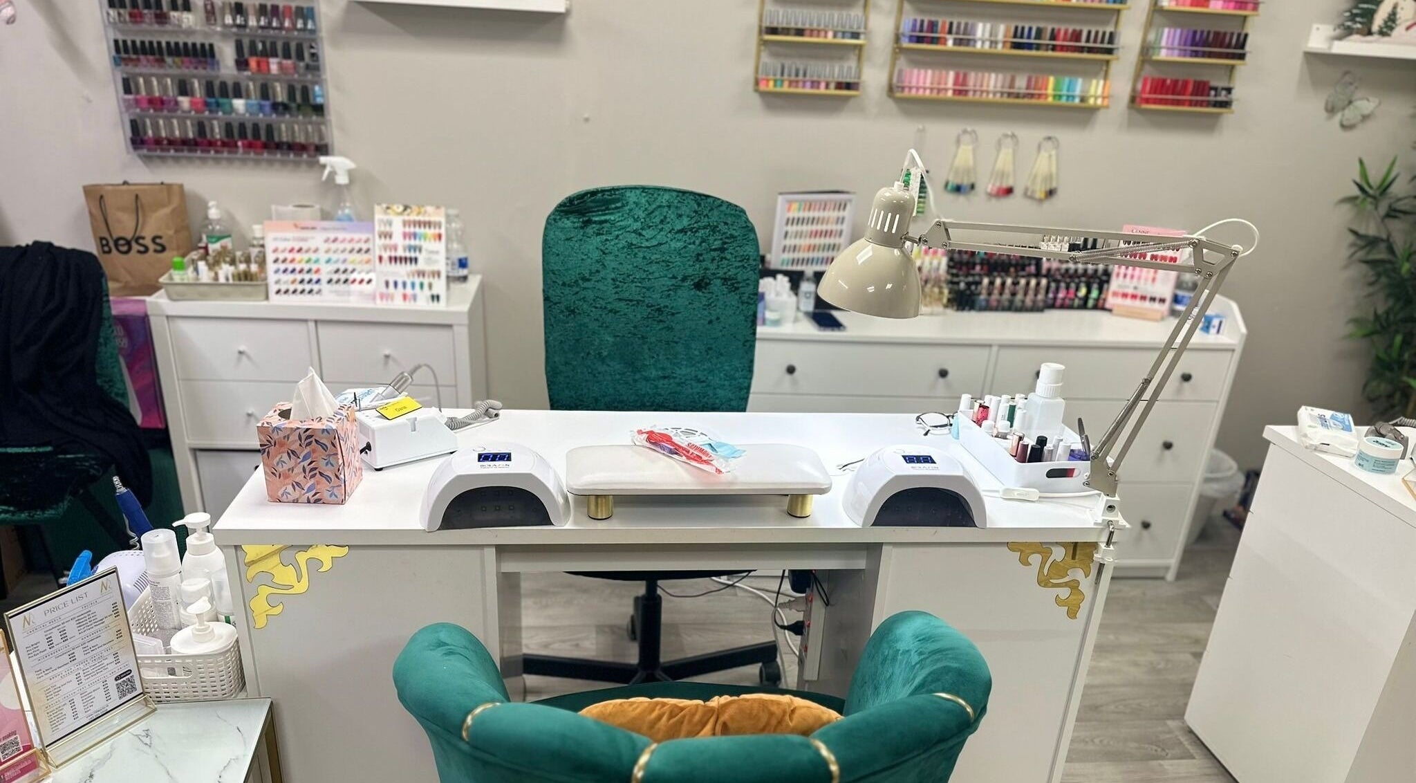 Nail salon setup at D Nail, Dublin 22, County Dublin, IE, featuring a manicure station and polishes.