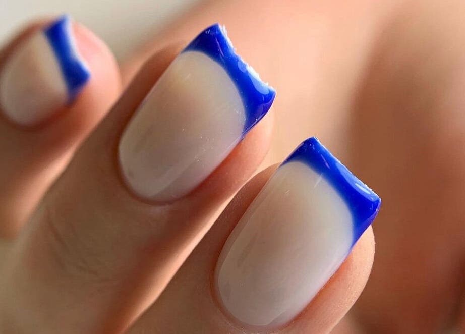 Elegant blue tip manicure at SaHaR(Pyrmont), Ultimo, New South Wales, AU, highlighting modern nail art.