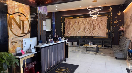 Luxurious interior of NL Nail Lounge and Bar, Corydon, Indiana, US with stylish decor and welcoming atmosphere.