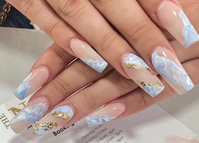 Elegant blue and gold nail art at BLANC Nail Spa Beauty, Wexford, County Wexford, IE.