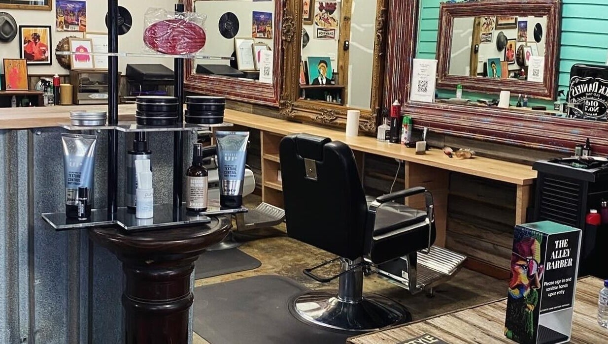 The Alley Barber Frankston interior showcasing stylish barber chair and grooming products in Frankston, VIC, AU.
