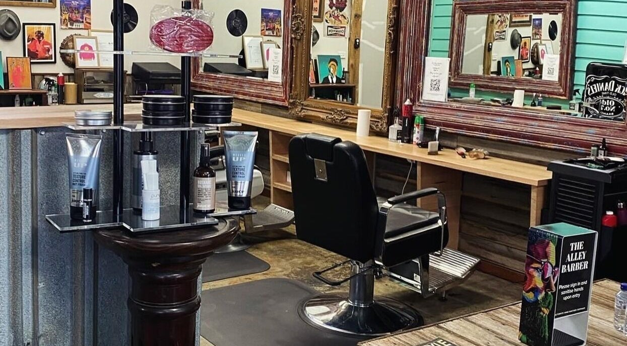 The Alley Barber Frankston interior showcasing stylish barber chair and grooming products in Frankston, VIC, AU.