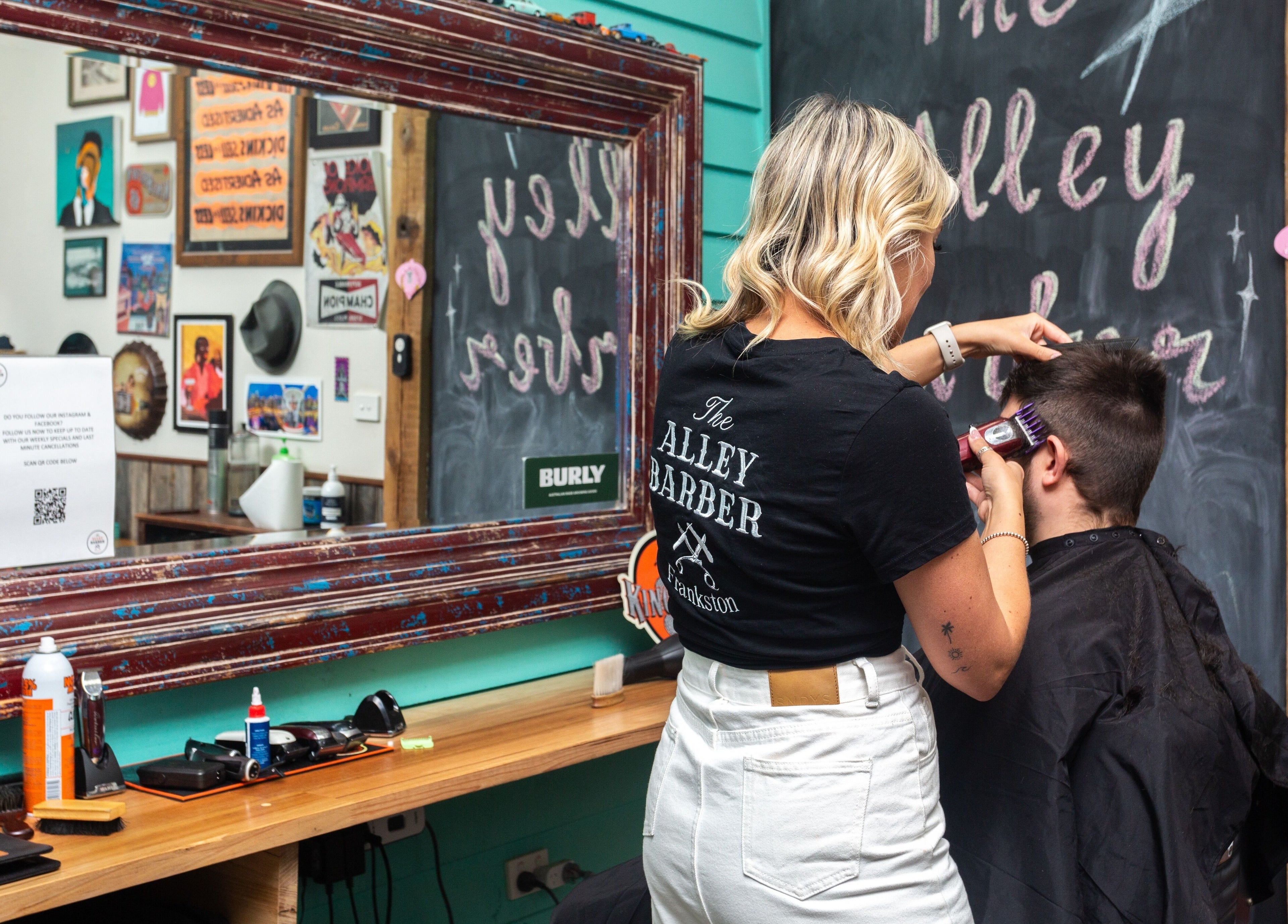 Professional haircut at The Alley Barber Frankston, VIC, AU showcasing skilled styling in a vibrant space.