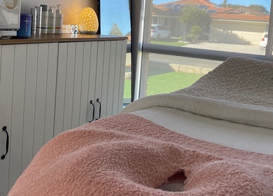 Relaxing spa treatment room at Pure Bliss Skin Body and Beauty, Kinross, Western Australia, AU.