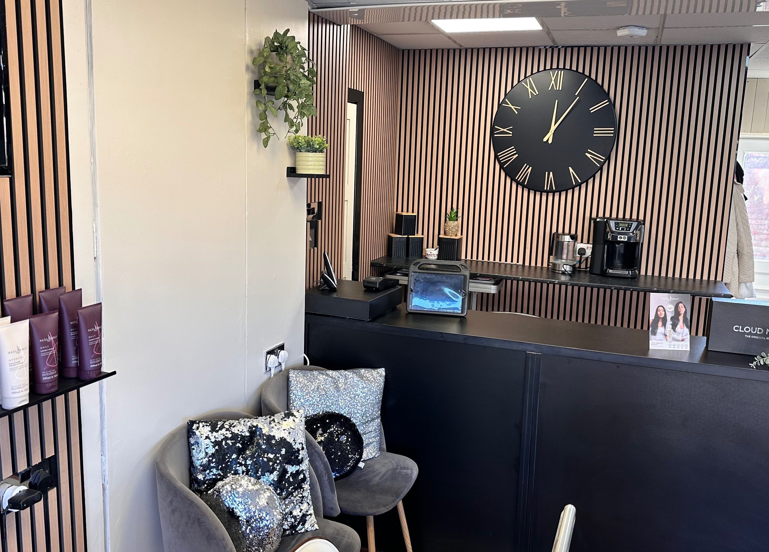 Elegant reception area of Nublow Ltd, Thornton-Cleveleys, England, with modern decor and product display.