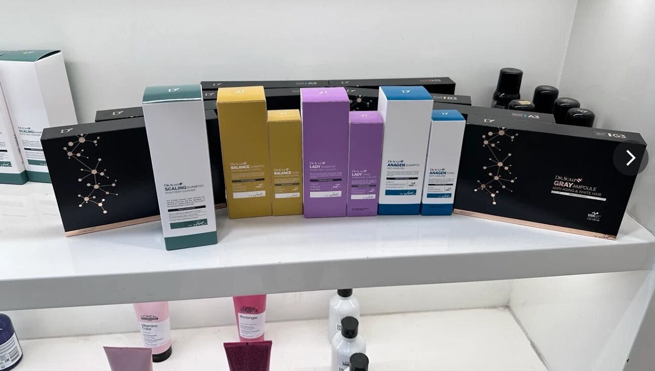 Premium hair products displayed at G.L..HAIR SALON in Burwood, New South Wales, AU.