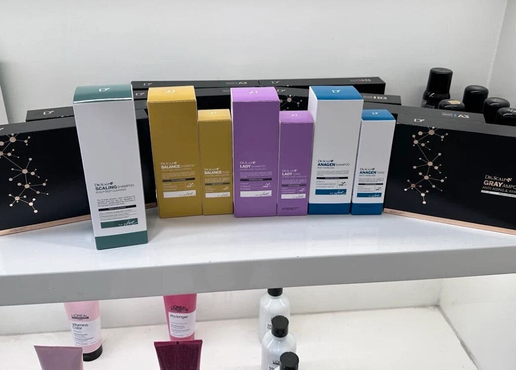 Premium hair products displayed at G.L..HAIR SALON in Burwood, New South Wales, AU.