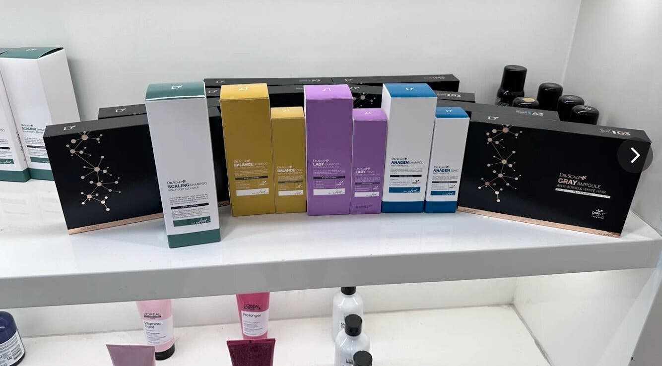 Premium hair products displayed at G.L..HAIR SALON in Burwood, New South Wales, AU.