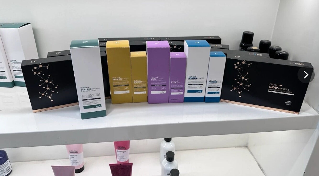 Premium hair products displayed at G.L..HAIR SALON in Burwood, New South Wales, AU.