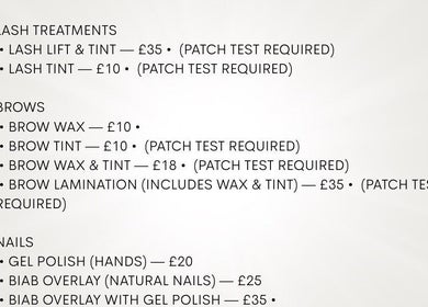 Faces by Flo beauty treatment menu in Aberdeen, Scotland, GB featuring lash, brow, and nail services.