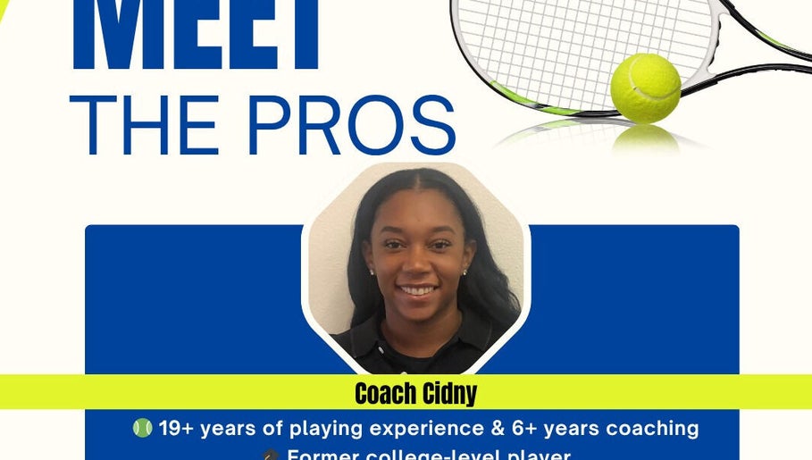 Meet the Pros event poster at Racket & Paddle Club, Gilbert, Arizona, featuring expert tennis coach.