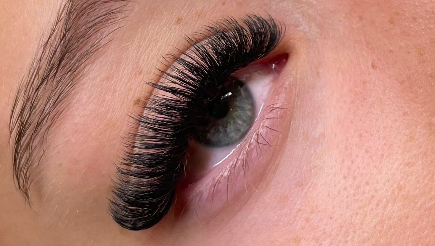 Close-up of eyelash extensions at Kirsty’s Beauty Therapy, Tamworth, England, GB showcasing elegant lash design.