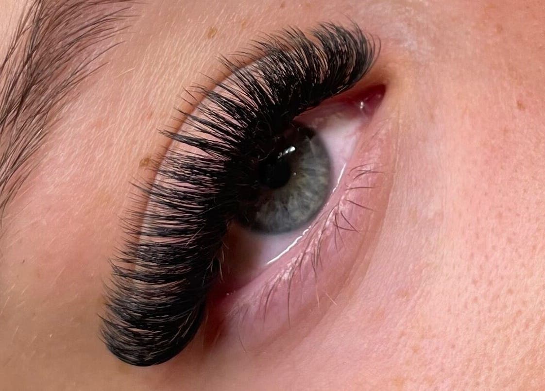 Close-up of eyelash extensions at Kirsty’s Beauty Therapy, Tamworth, England, GB showcasing elegant lash design.