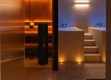 Luxurious spa interior with sauna and hot tubs at My Recovery Lounge, Port Melbourne Beach, Victoria, AU.