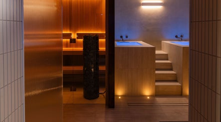 Luxurious spa interior with sauna and hot tubs at My Recovery Lounge, Port Melbourne Beach, Victoria, AU.