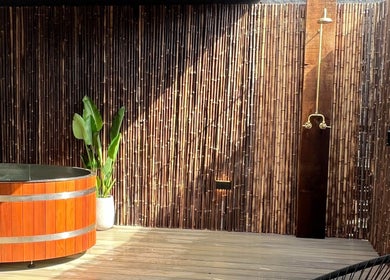 Outdoor bamboo shower and tub at My Recovery Lounge, Port Melbourne Beach, Victoria, AU.