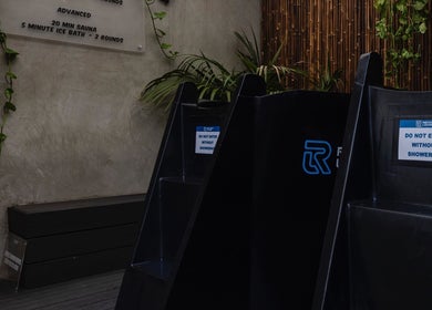 Cryotherapy station with plants at My Recovery Lounge, Port Melbourne Beach, Victoria, AU.