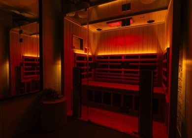 Elegant sauna at My Recovery Lounge, Port Melbourne Beach, Victoria, AU, offering a warm, relaxing ambiance.