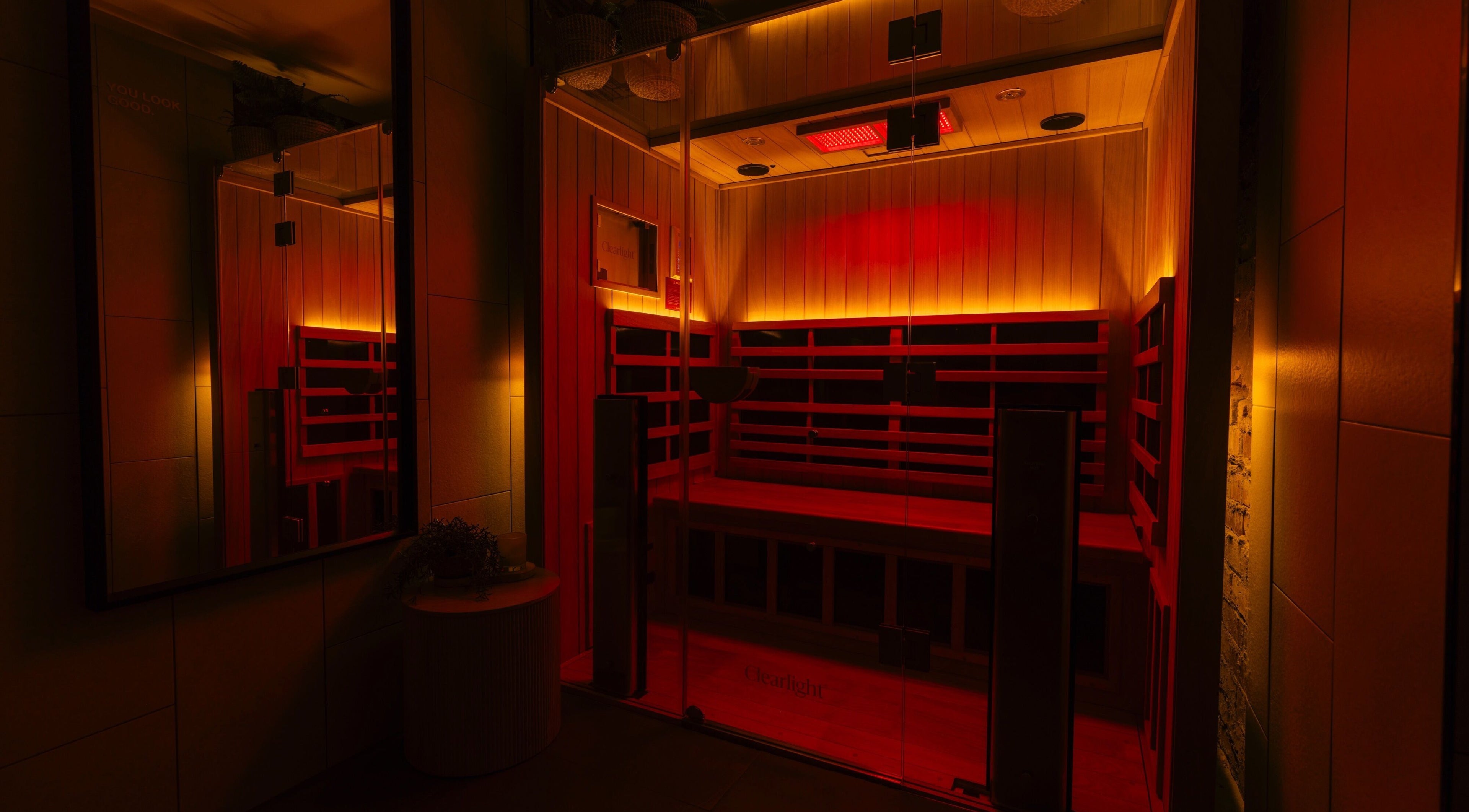 Luminous sauna room at My Recovery Lounge, Port Melbourne Beach, Victoria, AU, offering a soothing experience.