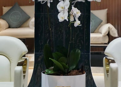 Chic seating area at mea Beauty Lounge - Jumeirah Golf Estates, Dubai, Dubai, AE, with luxe decor and orchids.