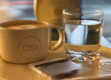 Warm beverage and glass at mea Beauty Lounge - Jumeirah Golf Estates, Dubai, Dubai, AE.
