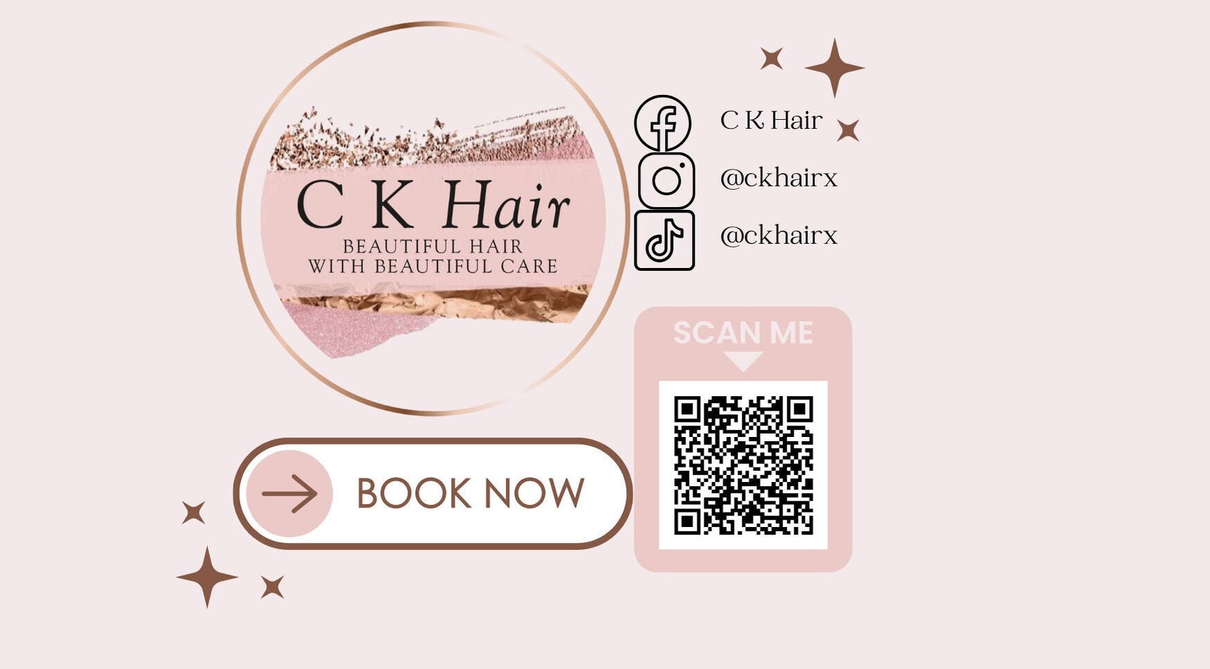 C K Hair promo flyer with social links and booking QR code in Helensburgh, Scotland, GB.