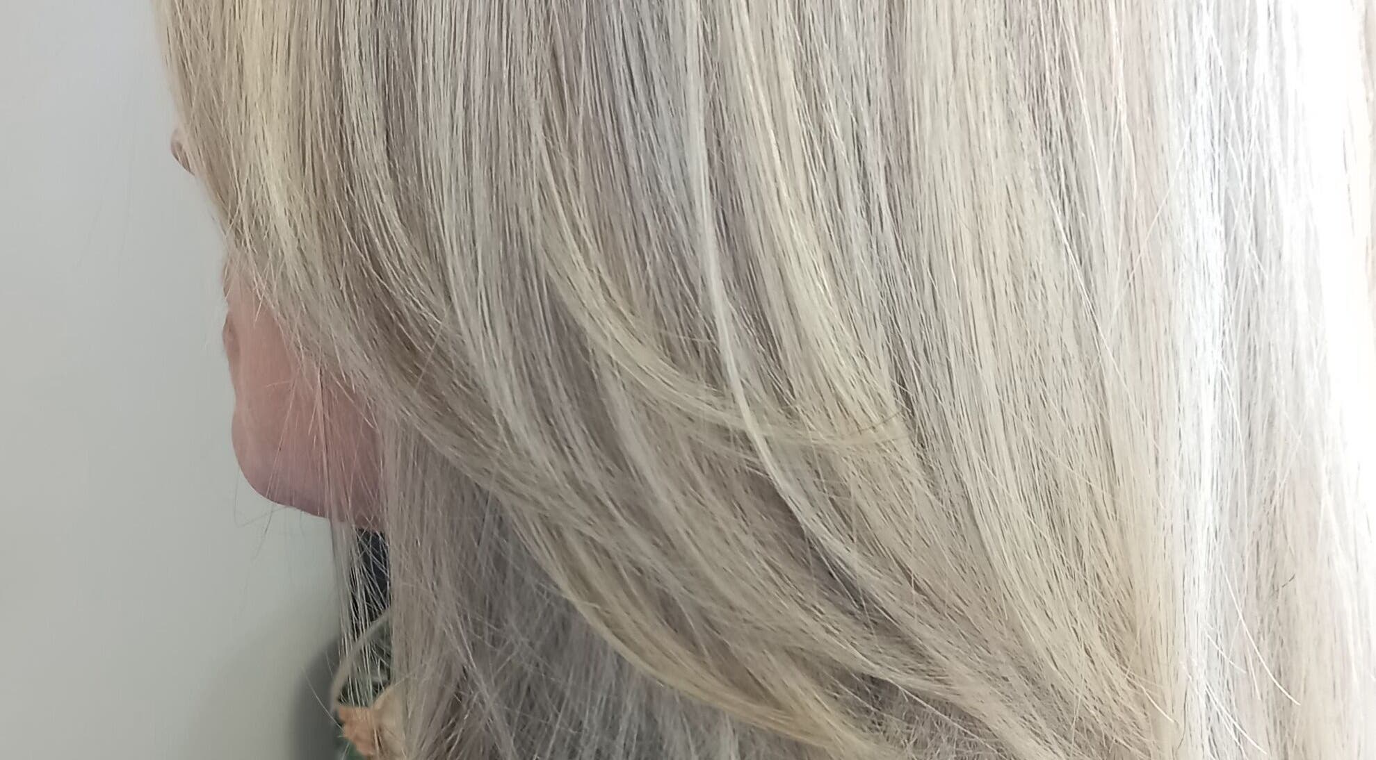 Elegant silver-blonde hair styled at Purple Hair, Sandton, Gauteng, ZA. Smooth layers cascade beautifully.