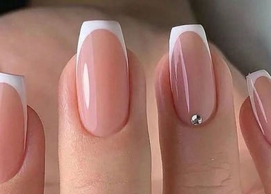 Elegant French manicure with rhinestone nail art at Nica Beauty, Hong Kong Island, Hong Kong Island, HK.