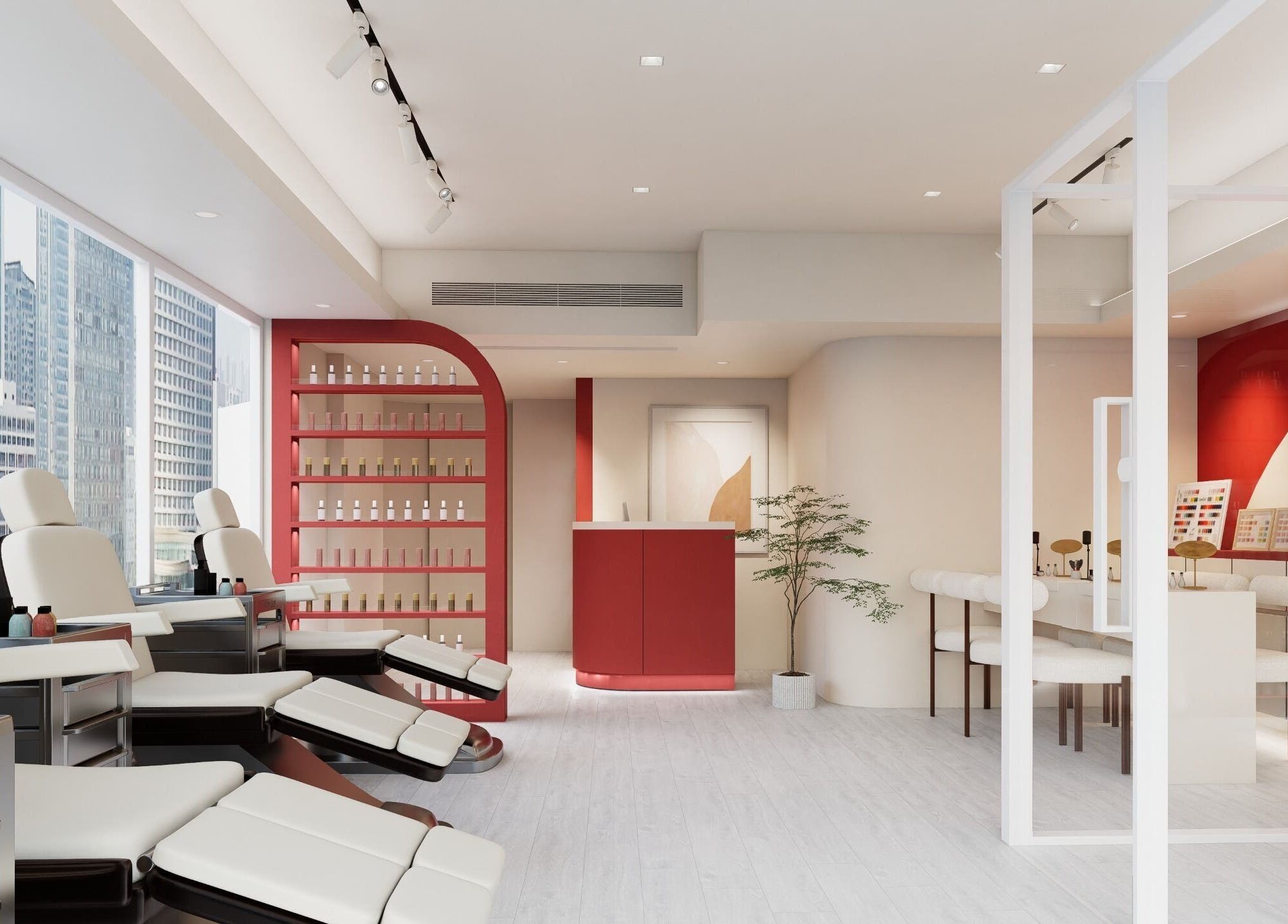 Elegant interior of Nica Beauty, a spa on Hong Kong Island, featuring modern design and plush seating.