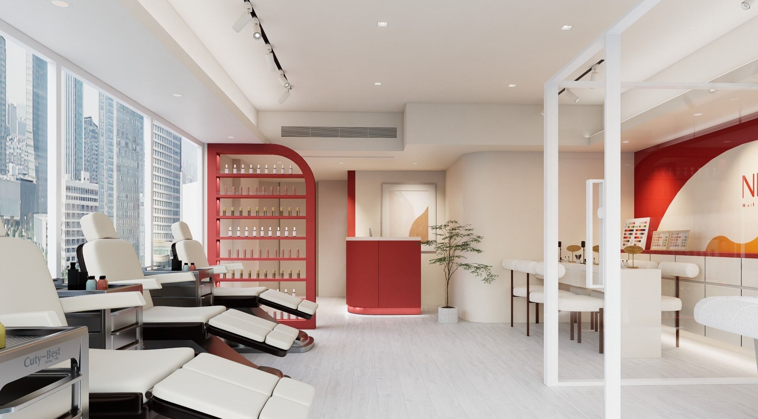 Elegant interior of Nica Beauty, a spa on Hong Kong Island, featuring modern design and plush seating.