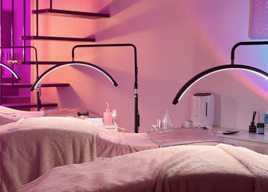 Cozy eyelash extension room at The Lashery KL, Petaling Jaya, Selangor, MY with ambient lighting and comfy beds.