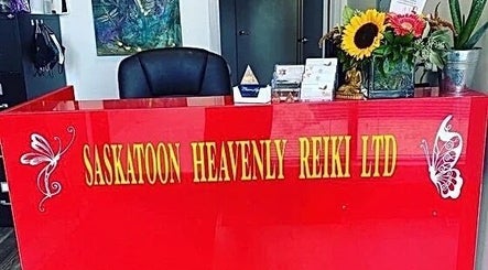 Reception area of Saskatoon Heavenly Reiki Ltd, decorated with flowers, Saskatoon, Saskatchewan, CA.