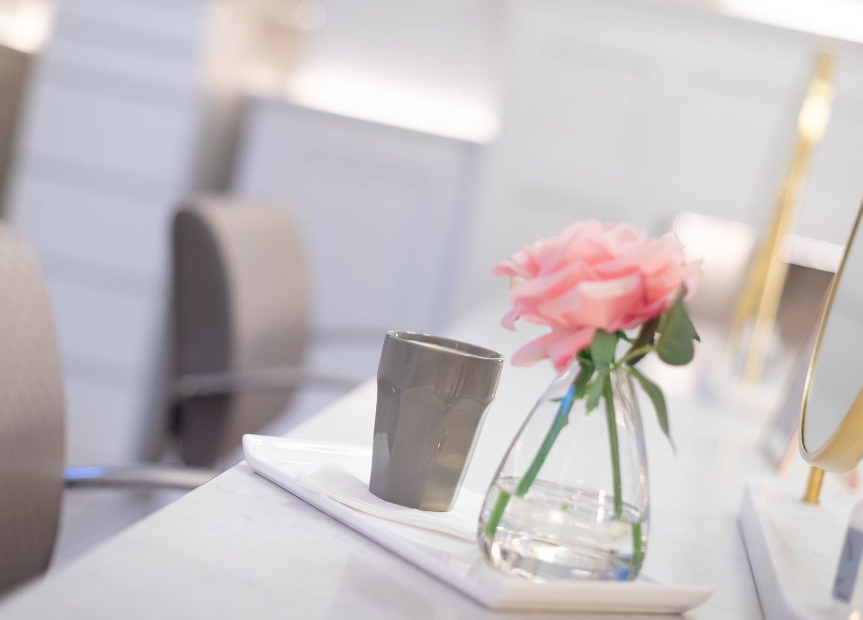 Elegant setup with pink rose at Bozena Sarek Hairdressing Dublin, Dublin, County Dublin, IE.