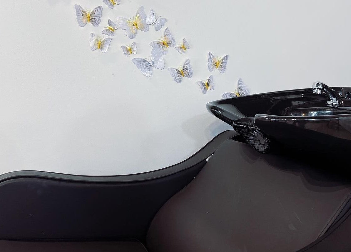 Évier de salon avec papillons muraux chez Byo͞odəfəl (Beautiful), Baie-mahault, GP.