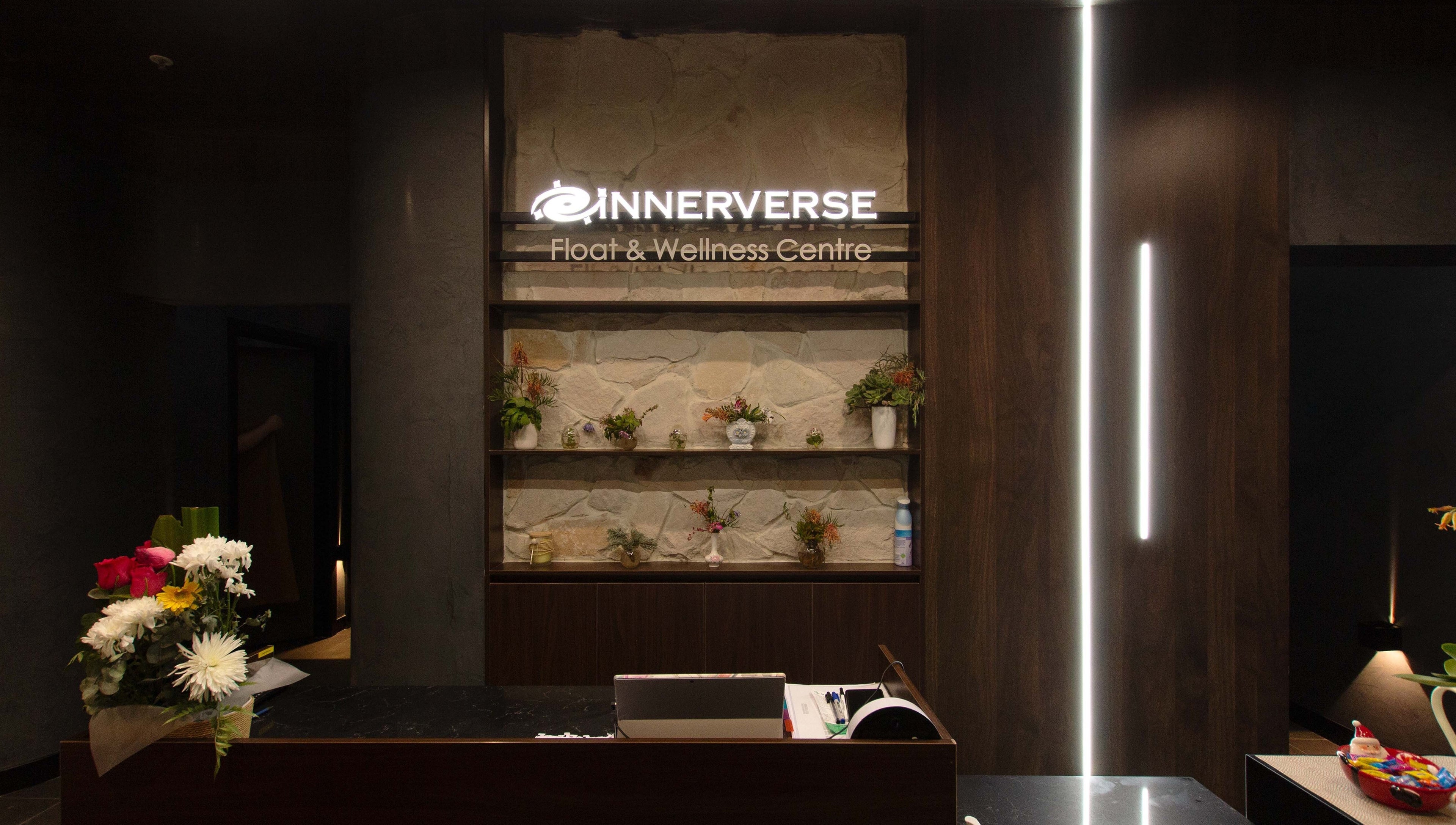 Sophisticated reception area at Innerverse Float & Wellness Oakleigh, Melbourne, Victoria, AU.