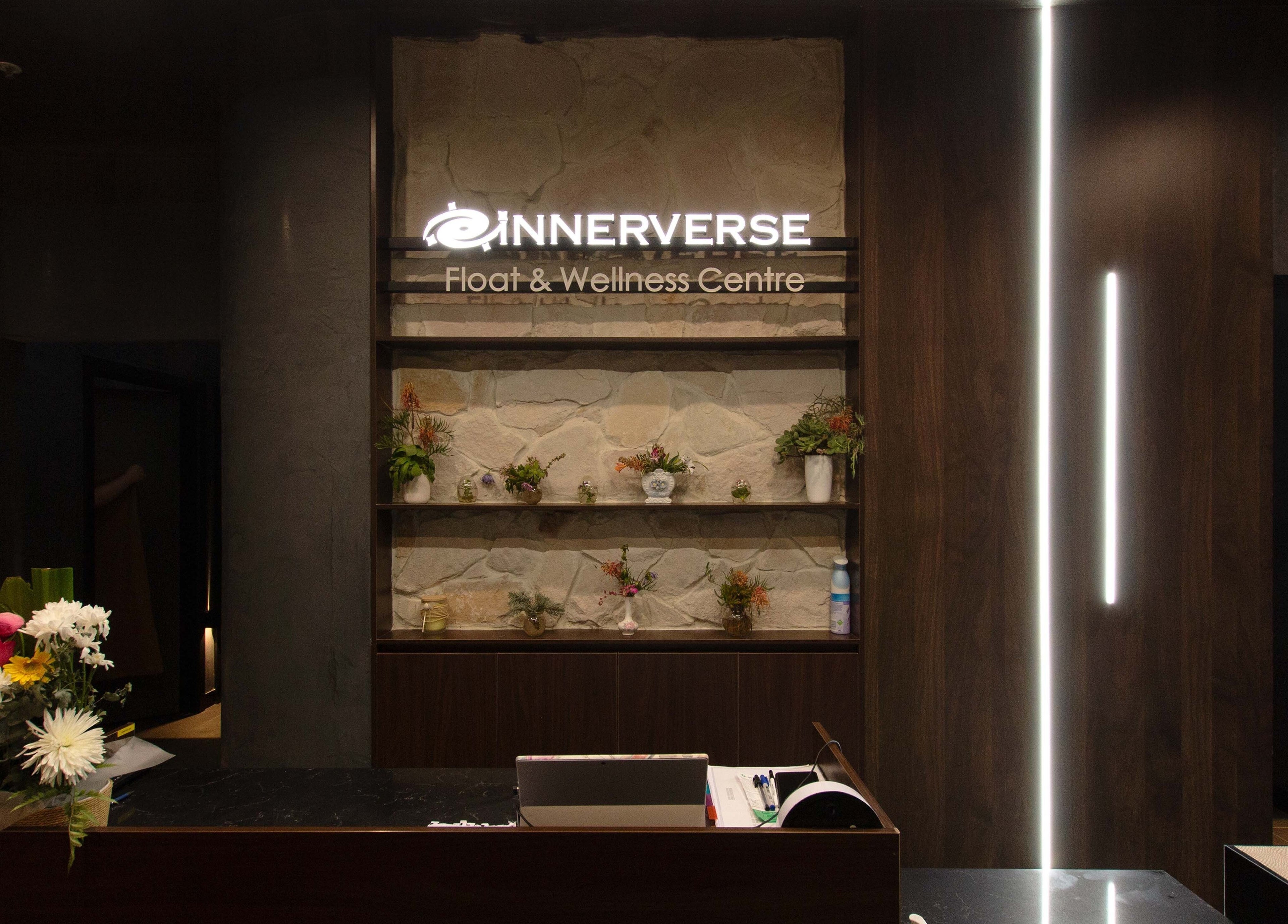Sophisticated reception area at Innerverse Float & Wellness Oakleigh, Melbourne, Victoria, AU.