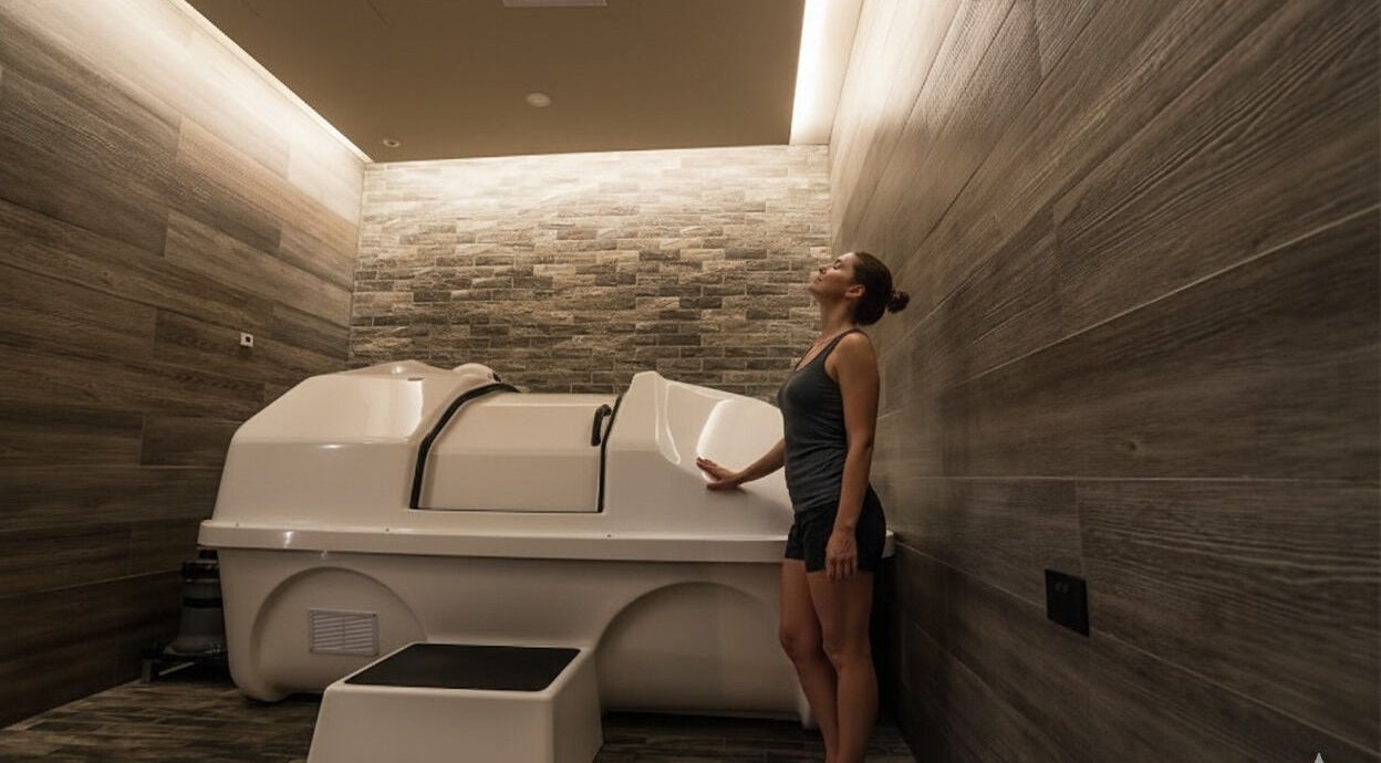 Floating tank room at Innerverse Float & Wellness Oakleigh in Melbourne, Victoria, AU promotes relaxation.