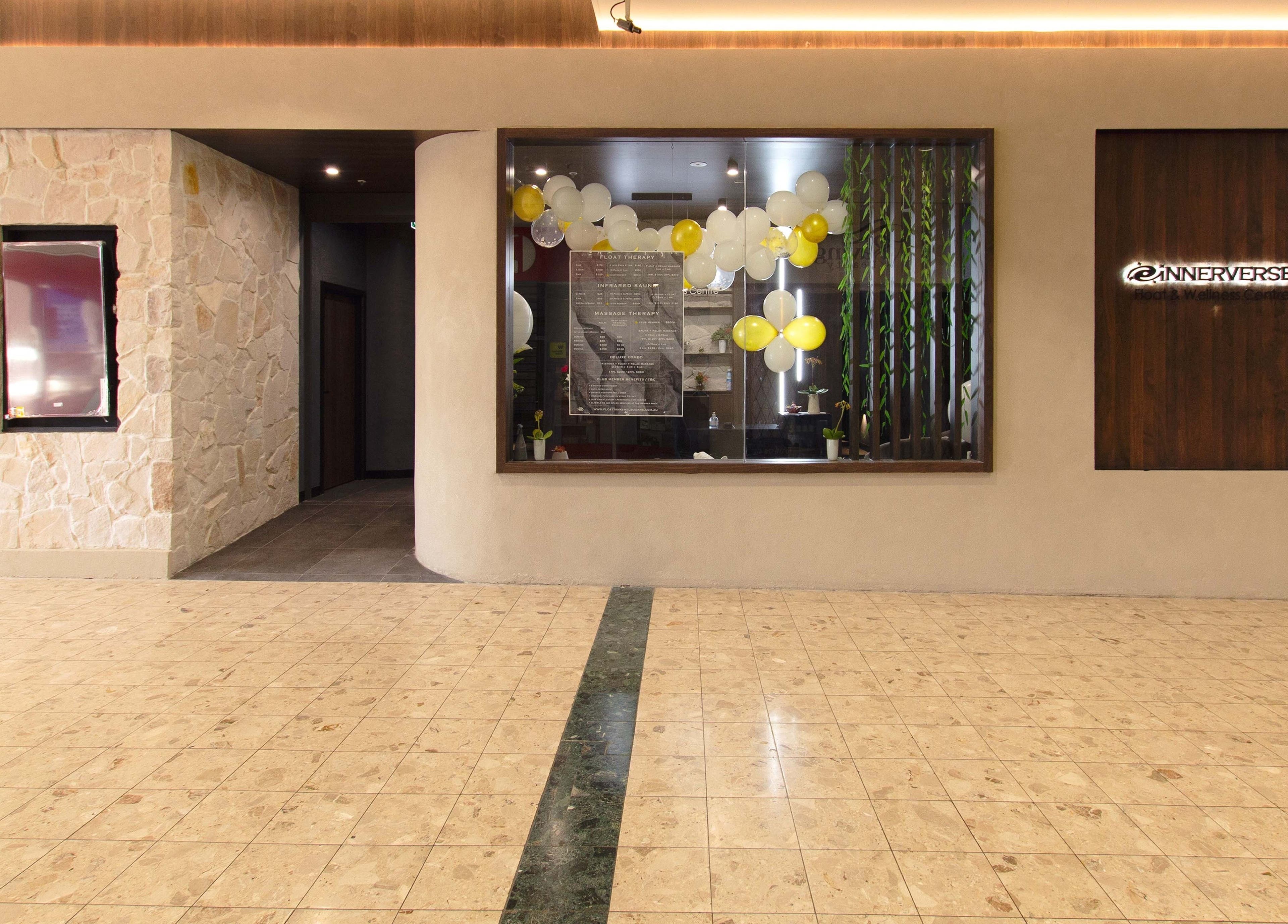 Entrance of Innerverse Float & Wellness Oakleigh in Melbourne, Victoria, AU with balloons and welcoming decor.